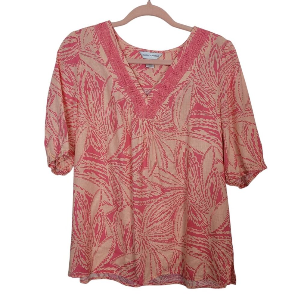 Christopher & Banks Linen Blend Peasant Top Leaf Patterned Peach Pink Sz Med